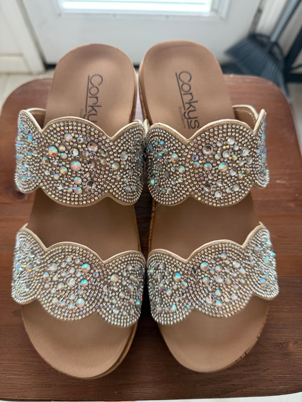 Corkys Silver Jeweled Scalloped Double-Band Slide Sandals